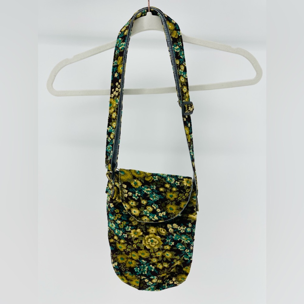 Y2K Brown Floral Corduroy Shoulder/Crossbody Bag, Adjustable Strap